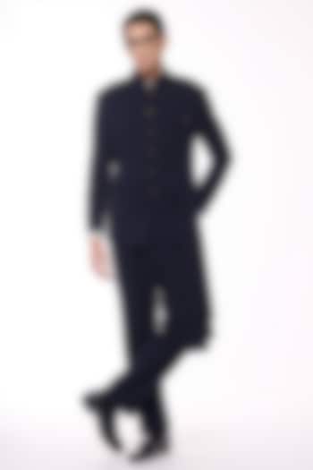 Navy Poly Blend Viscose Lycra Wedding Bandhgala by S&N by Shantnu Nikhil Men at Pernia's Pop Up Shop