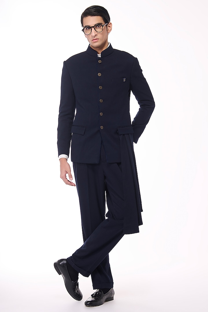 Navy Poly Blend Viscose Lycra Wedding Bandhgala by S&N by Shantnu Nikhil Men at Pernia's Pop Up Shop