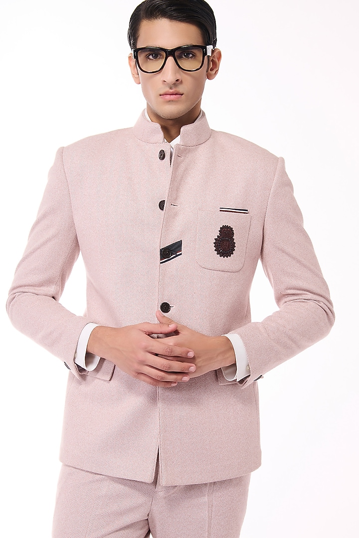 Pink Herringbone Wedding Bandhgala by S&N by Shantnu Nikhil Men at Pernia's Pop Up Shop