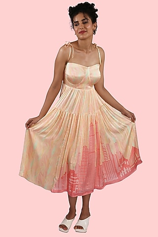 Peach & Mint Green Printed Midi Dress by Shivani Nirupam