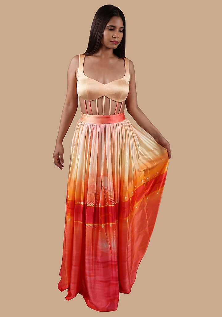Peach & Orange Printed Gown by Shivani Nirupam