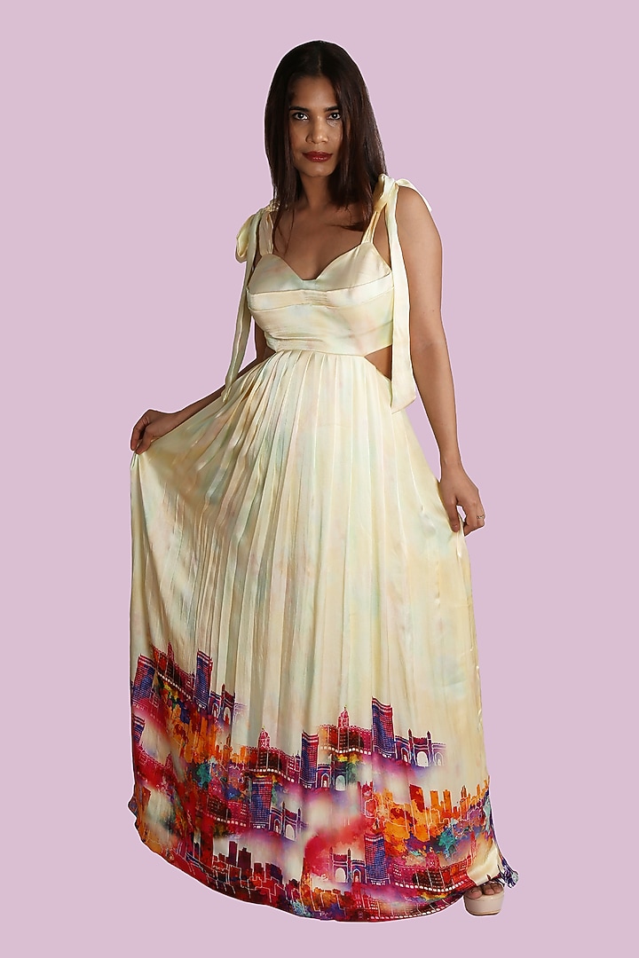Pastel Yellow Digital Printed Gown by Shivani Nirupam at Pernia's Pop Up Shop