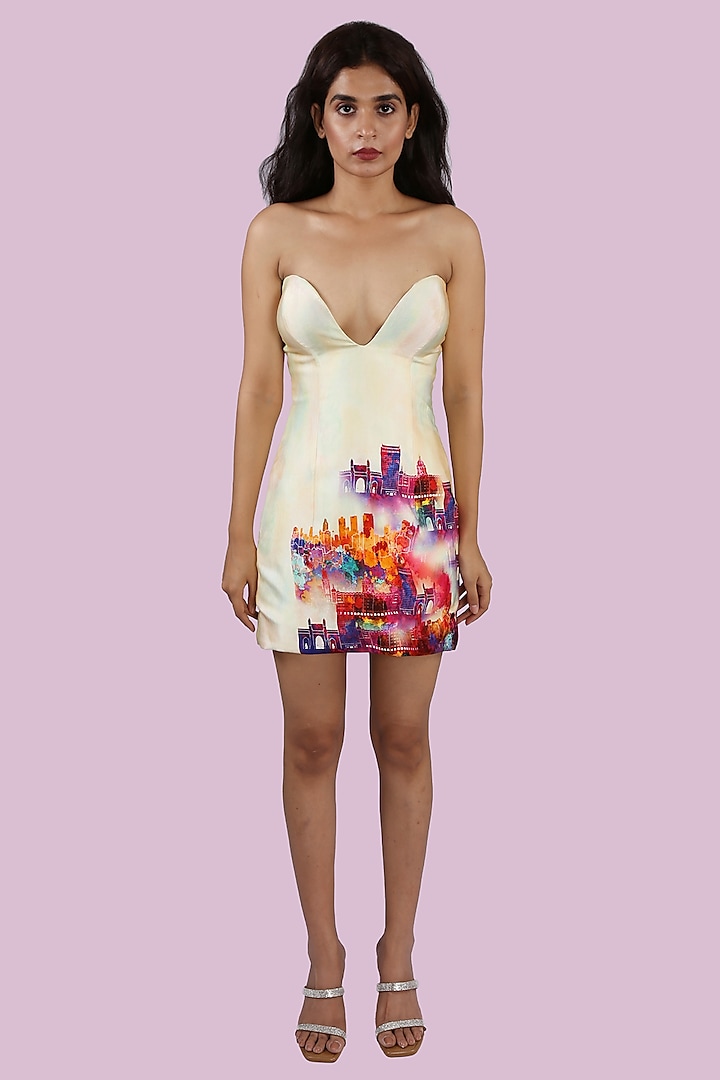 Pastel Yellow Digital Printed Mini Dress by Shivani Nirupam