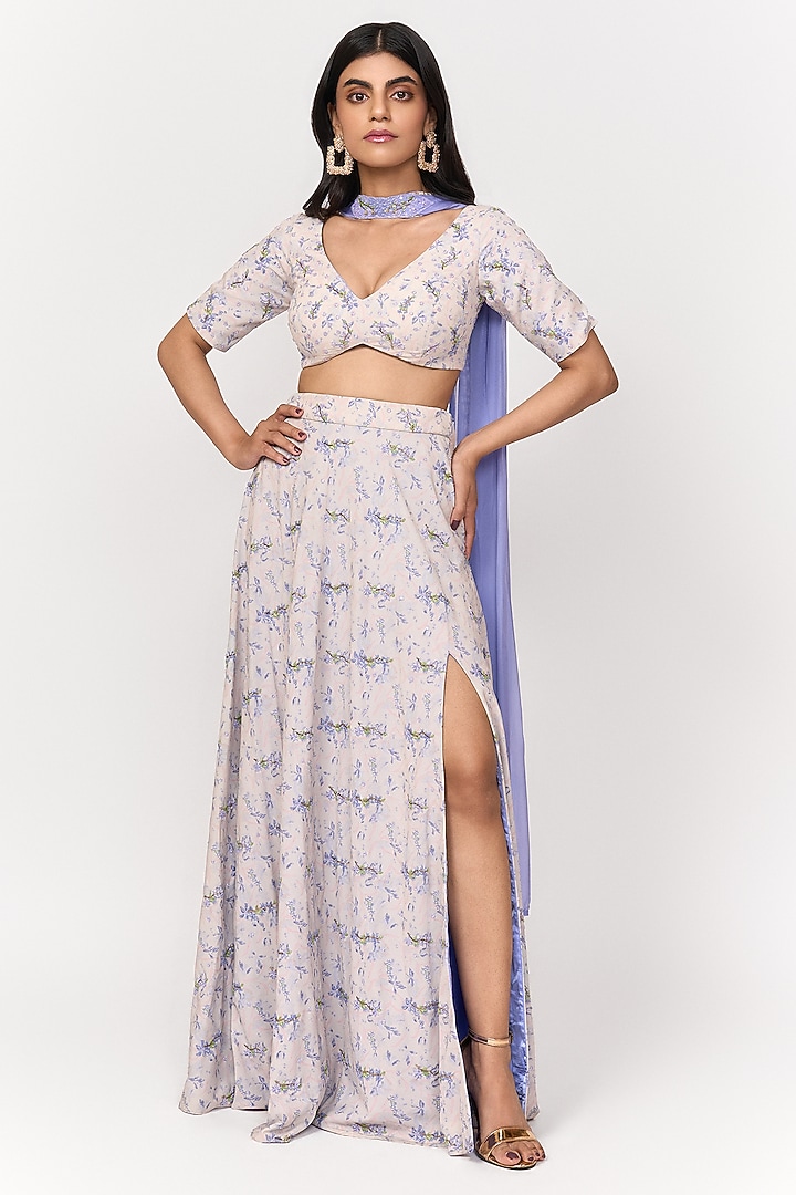 Lavender & Off-White Crepe Digital Printed Lehenga Set by Shivani Nirupam at Pernia's Pop Up Shop
