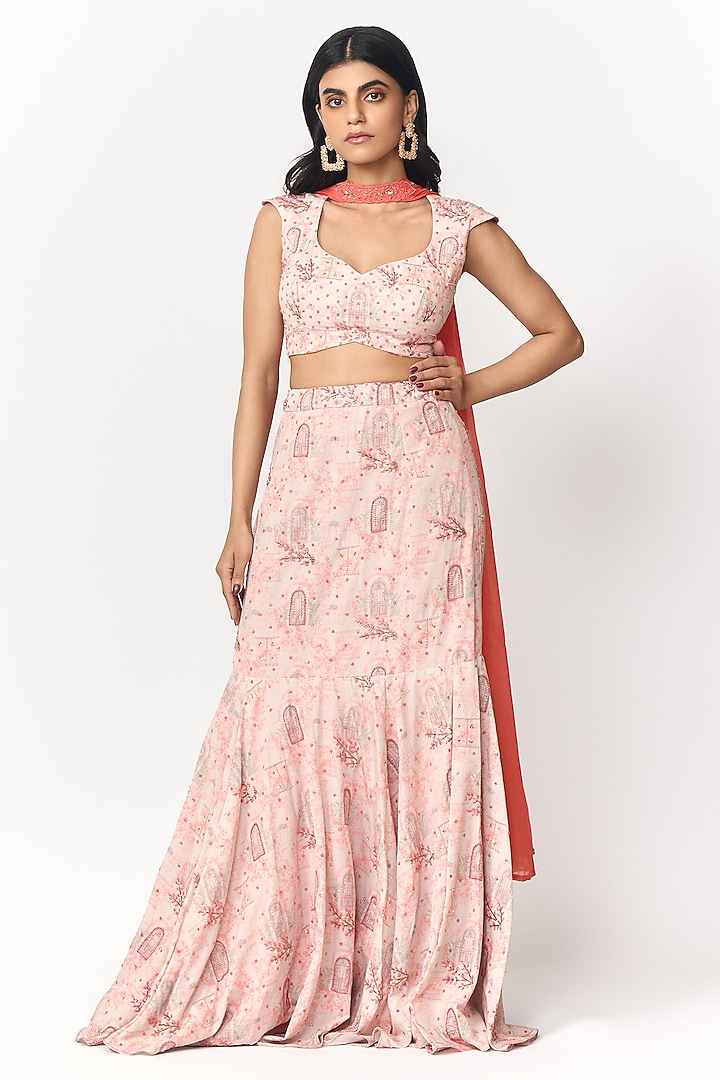 Coral & Off-White Crepe Digital Printed Lehenga Set by Shivani Nirupam at Pernia's Pop Up Shop