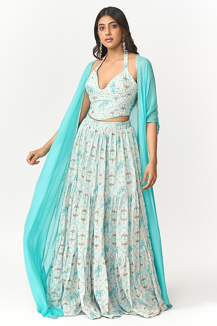 Turquoise Blue & Off-White Crepe Digital Printed Wedding Lehenga Set by Shivani Nirupam at Pernia's Pop Up Shop