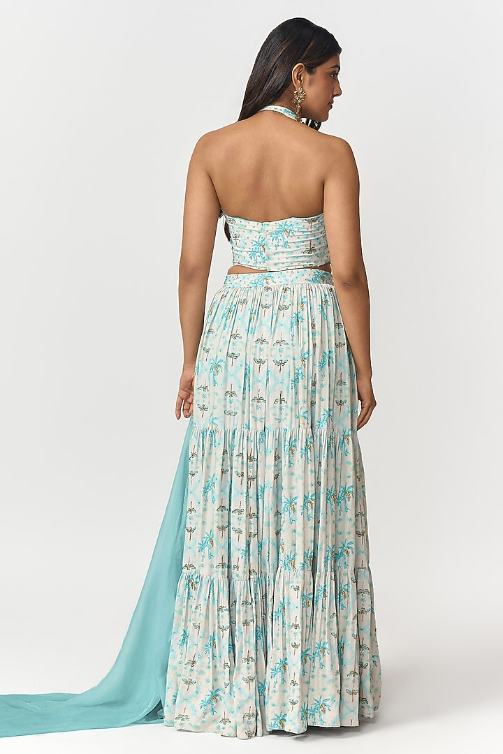 Turquoise Blue & Off-White Crepe Digital Printed Wedding Lehenga Set by Shivani Nirupam at Pernia's Pop Up Shop