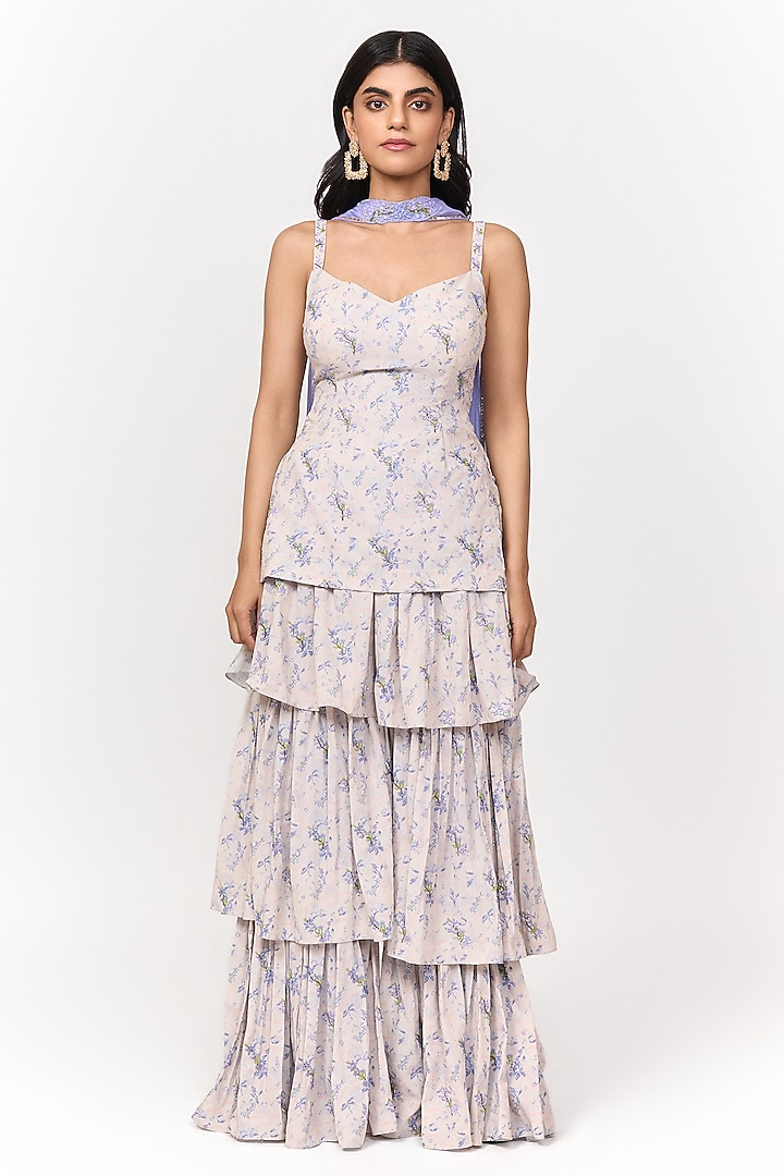 Lavender & Off-White Crepe Digital Printed Wedding Sharara Set by Shivani Nirupam at Pernia's Pop Up Shop