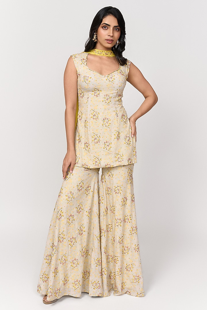 Lemon Yellow & Off-White Crepe Digital Printed Wedding Sharara Set by Shivani Nirupam at Pernia's Pop Up Shop