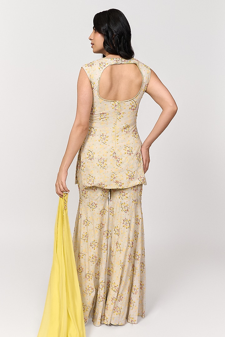 Lemon Yellow & Off-White Crepe Digital Printed Wedding Sharara Set by Shivani Nirupam at Pernia's Pop Up Shop