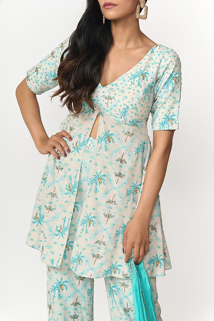 Turquoise Blue & Off-White Crepe Digital Printed Party Wear Sharara Set by Shivani Nirupam at Pernia's Pop Up Shop