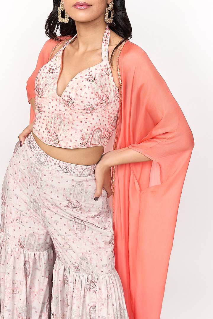 Coral & Off-White Digital Printed Party Wear Sharara Set by Shivani Nirupam at Pernia's Pop Up Shop