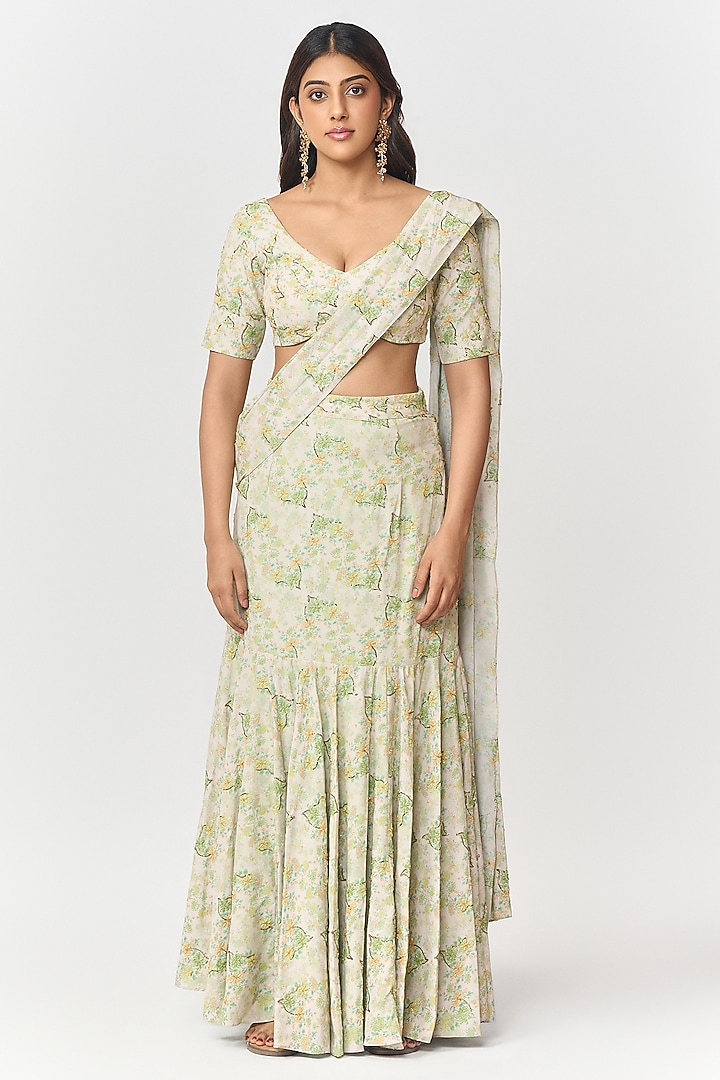 Lime Green & Off-White Crepe Digital Printed Pre-Draped Wedding Saree Set by Shivani Nirupam at Pernia's Pop Up Shop