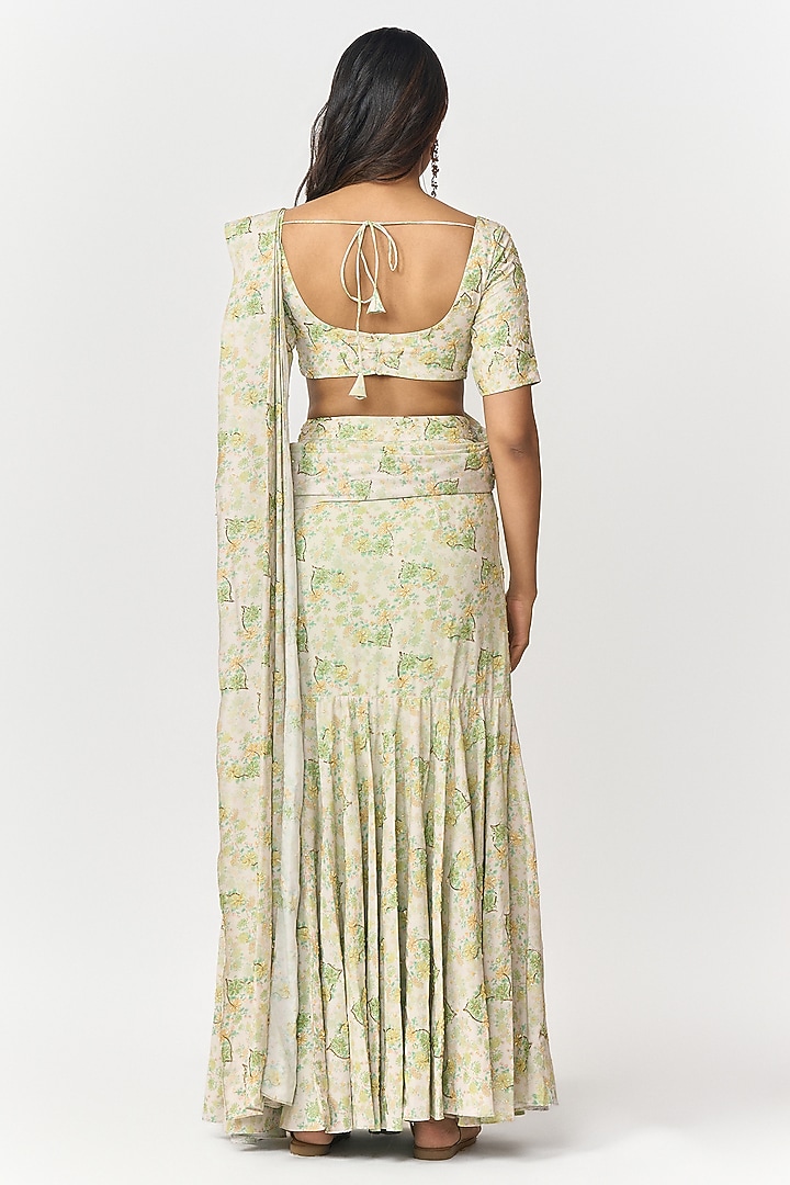 Lime Green & Off-White Crepe Digital Printed Pre-Draped Wedding Saree Set by Shivani Nirupam at Pernia's Pop Up Shop