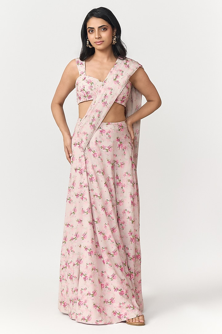 Candy Pink & Off-White Crepe Digital Printed Pre-Draped Party Wear Saree Set by Shivani Nirupam at Pernia's Pop Up Shop