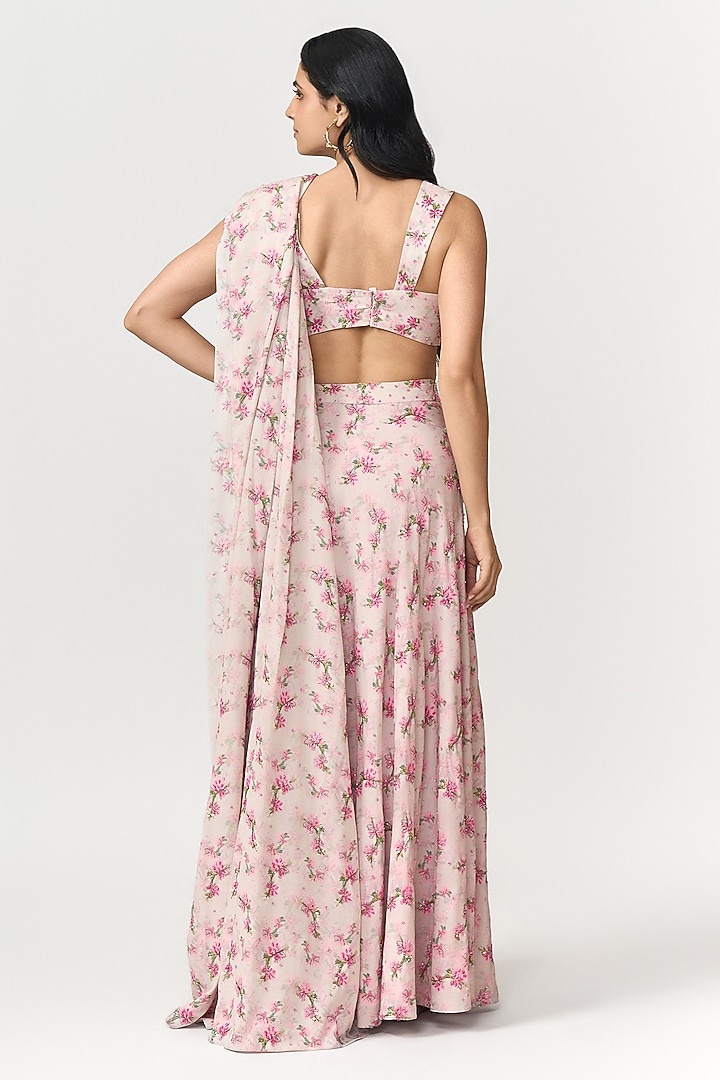 Candy Pink & Off-White Crepe Digital Printed Pre-Draped Party Wear Saree Set by Shivani Nirupam at Pernia's Pop Up Shop