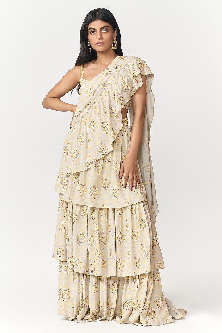 Lemon Yellow & Off-White Crepe Digital Printed Pre-Draped Wedding Saree Set by Shivani Nirupam at Pernia's Pop Up Shop
