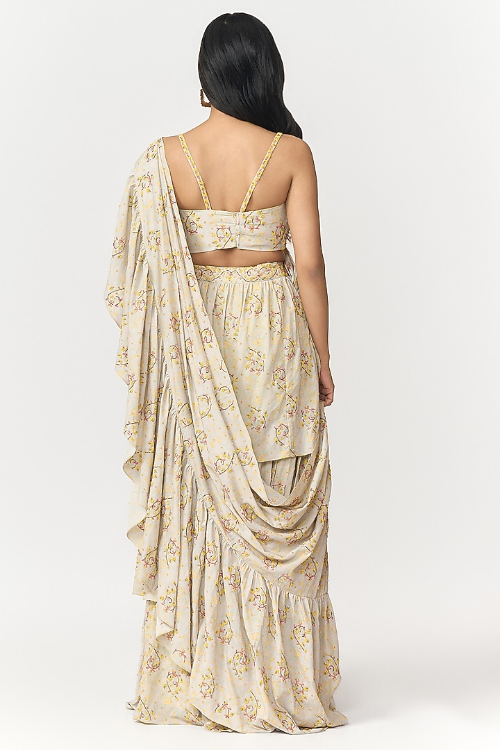 Lemon Yellow & Off-White Crepe Digital Printed Pre-Draped Wedding Saree Set by Shivani Nirupam at Pernia's Pop Up Shop
