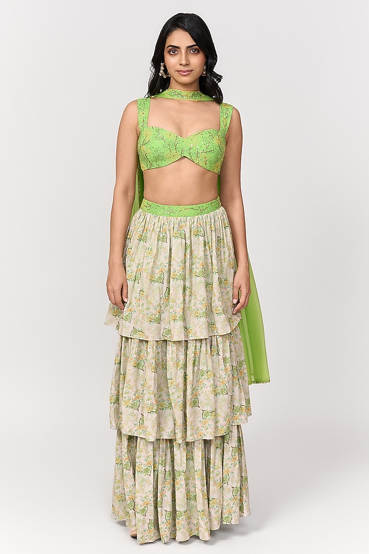 Lime Green & Off-White Crepe Digital Printed Wedding Lehenga Set by Shivani Nirupam at Pernia's Pop Up Shop