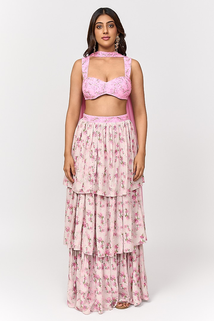 Candy Pink & Off-White Crepe Digital Printed Wedding Lehenga Set by Shivani Nirupam at Pernia's Pop Up Shop