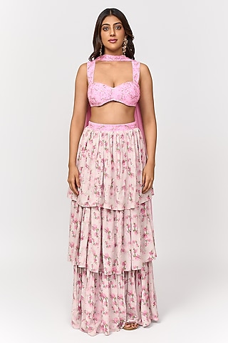 Candy Pink & Off-White Crepe Digital Printed Lehenga Set by Shivani Nirupam