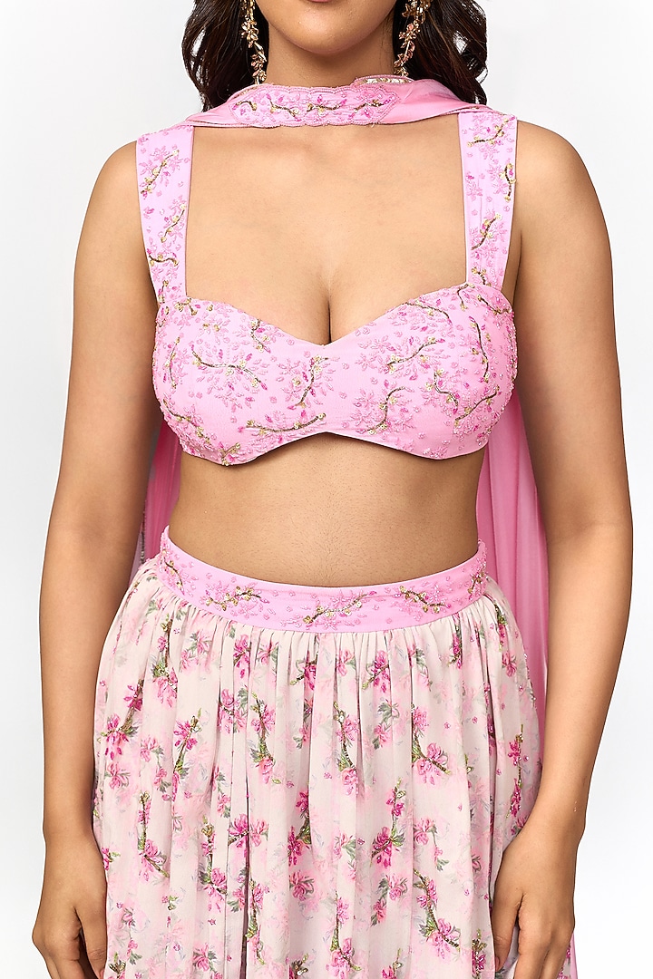 Candy Pink & Off-White Crepe Digital Printed Wedding Lehenga Set by Shivani Nirupam at Pernia's Pop Up Shop