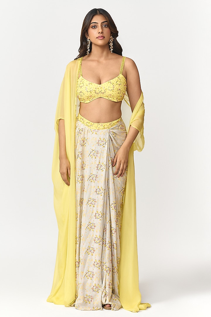 Lemon Yellow & Off-White Crepe Digital Printed Wedding Lehenga Set by Shivani Nirupam at Pernia's Pop Up Shop