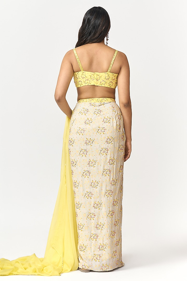 Lemon Yellow & Off-White Crepe Digital Printed Wedding Lehenga Set by Shivani Nirupam at Pernia's Pop Up Shop