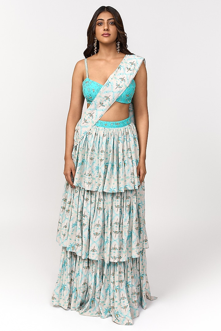Turquoise Blue & Off-White Crepe Digital Printed Pre-Draped Wedding Saree Set by Shivani Nirupam at Pernia's Pop Up Shop