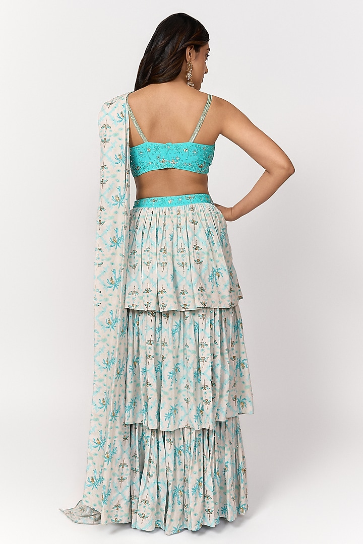 Turquoise Blue & Off-White Crepe Digital Printed Pre-Draped Wedding Saree Set by Shivani Nirupam at Pernia's Pop Up Shop