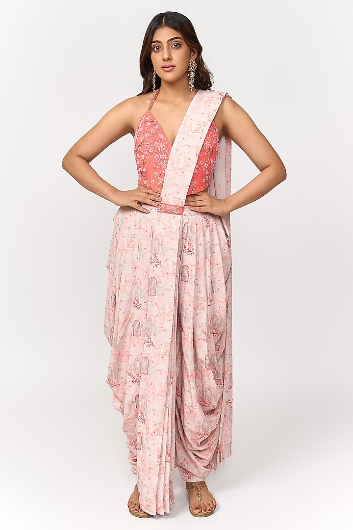 Coral & Off-White Crepe Digital Printed Pre-Draped Party Wear Saree Set by Shivani Nirupam at Pernia's Pop Up Shop