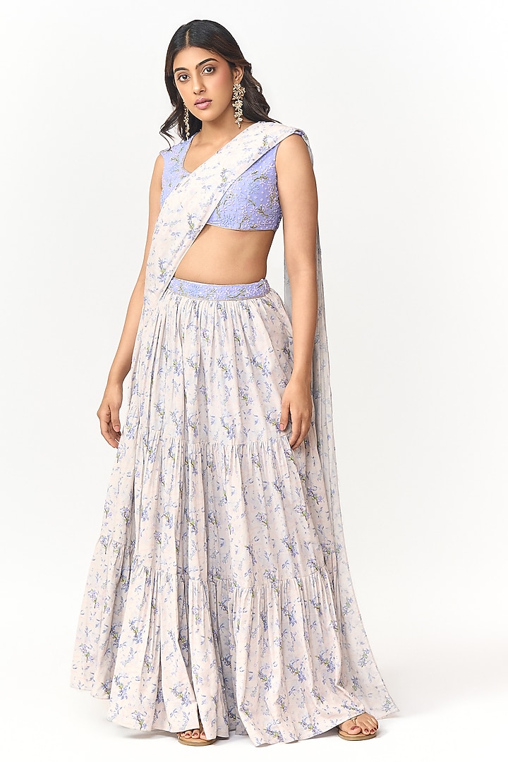 Lavender & Off-White Crepe Digital Printed Pre-Draped Wedding Saree Set by Shivani Nirupam at Pernia's Pop Up Shop