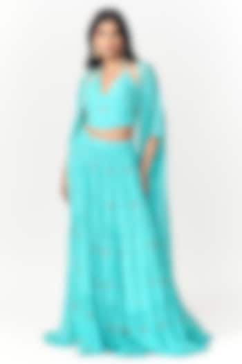 Turquoise Blue Crepe Hand Embroidered Wedding Lehenga Set by Shivani Nirupam at Pernia's Pop Up Shop