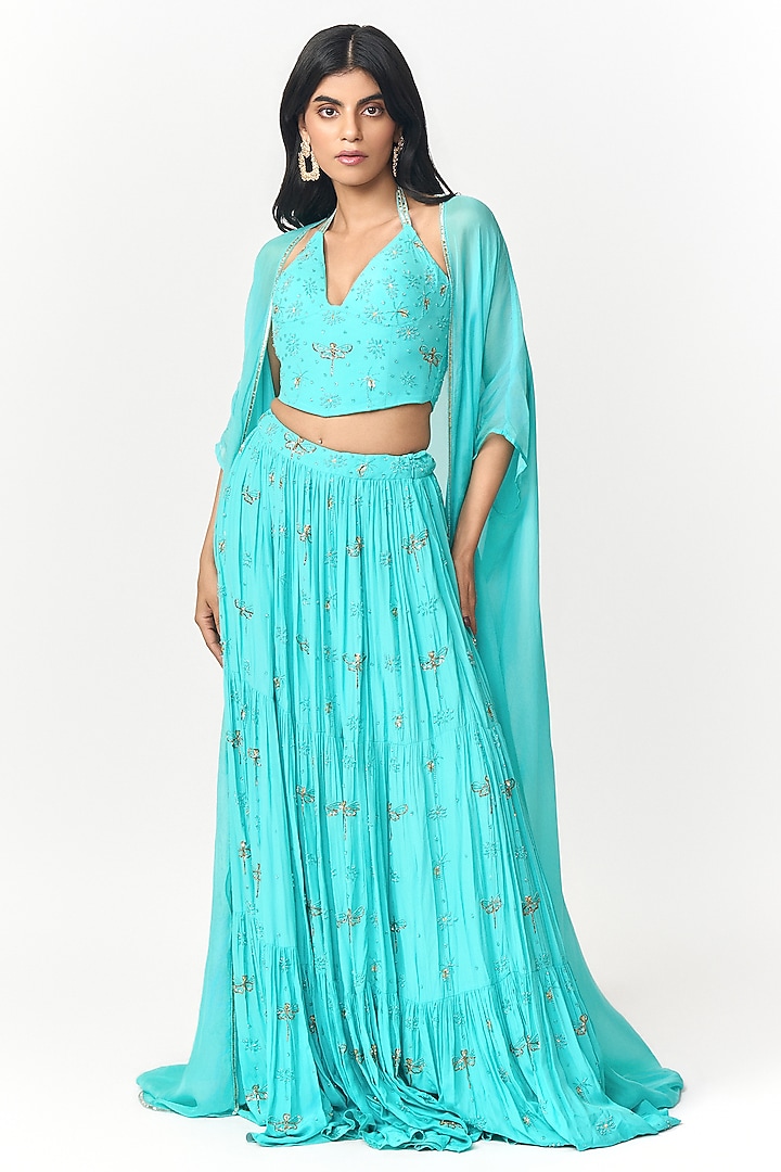 Turquoise Blue Crepe Hand Embroidered Wedding Lehenga Set by Shivani Nirupam at Pernia's Pop Up Shop