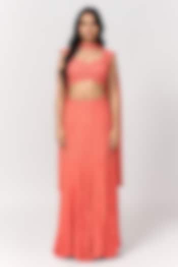 Coral Crepe Hand Embroidered Wedding Lehenga Set by Shivani Nirupam at Pernia's Pop Up Shop