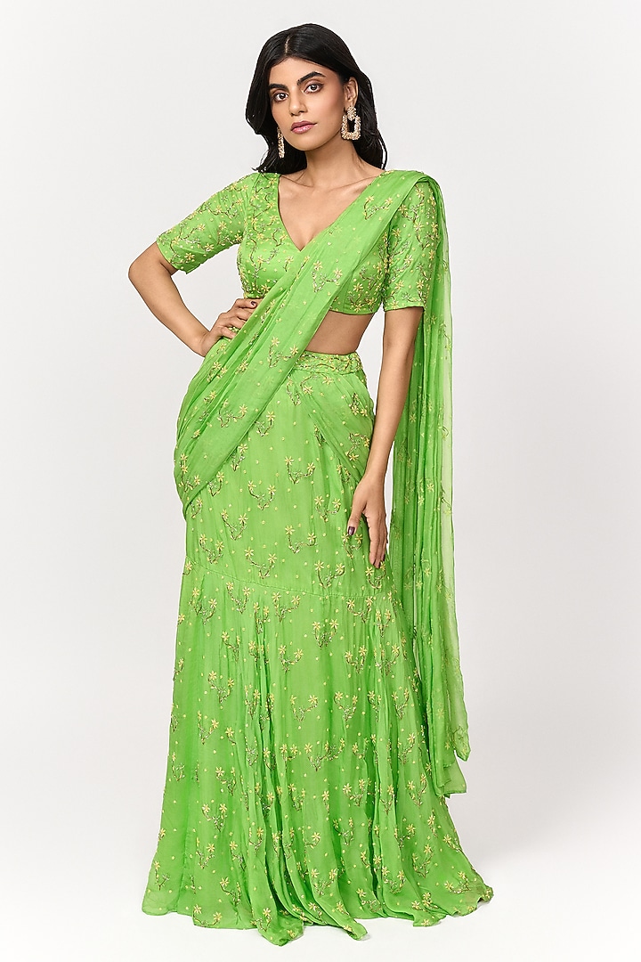 Lime Green Crepe Hand Embroidered Pre-Draped Wedding Saree Set by Shivani Nirupam at Pernia's Pop Up Shop