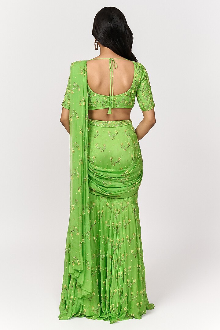 Lime Green Crepe Hand Embroidered Pre-Draped Wedding Saree Set by Shivani Nirupam at Pernia's Pop Up Shop