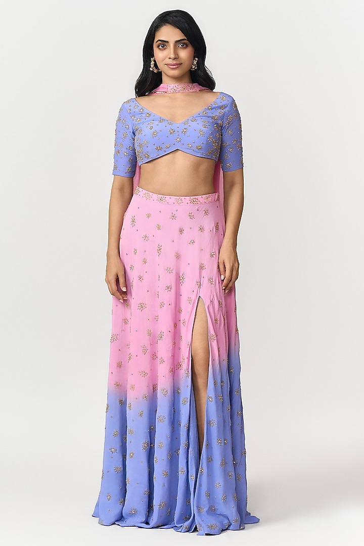 Lavender & Candy Pink Ombre Crepe Hand Embroidered Lehenga Set by Shivani Nirupam at Pernia's Pop Up Shop
