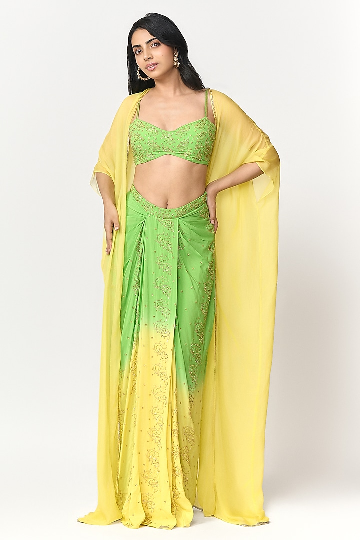 Lime Green & Lemon Yellow Ombre Crepe Hand Embroidered Lehenga Set by Shivani Nirupam at Pernia's Pop Up Shop