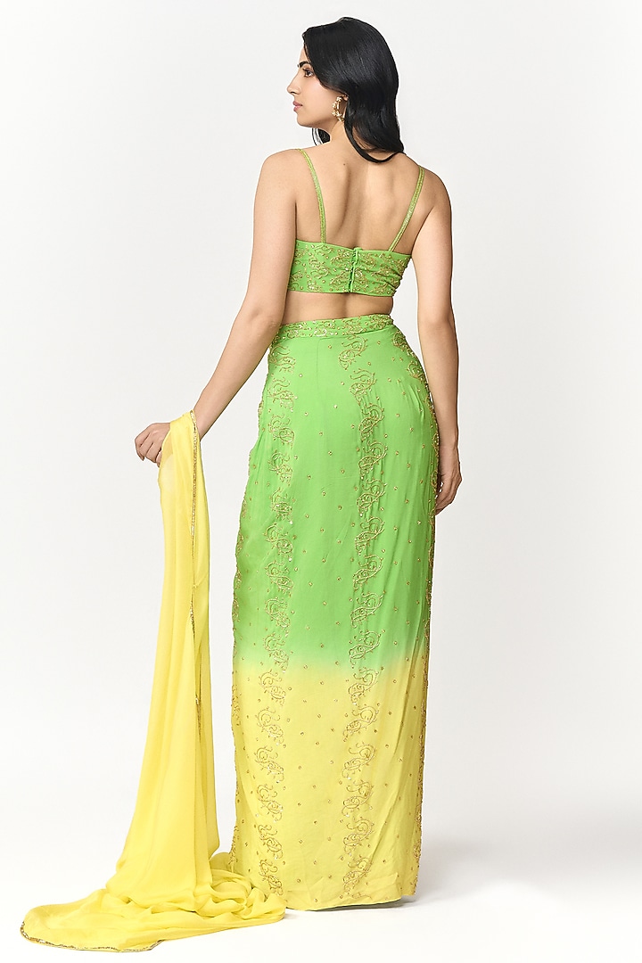 Lime Green & Lemon Yellow Ombre Crepe Hand Embroidered Lehenga Set by Shivani Nirupam at Pernia's Pop Up Shop