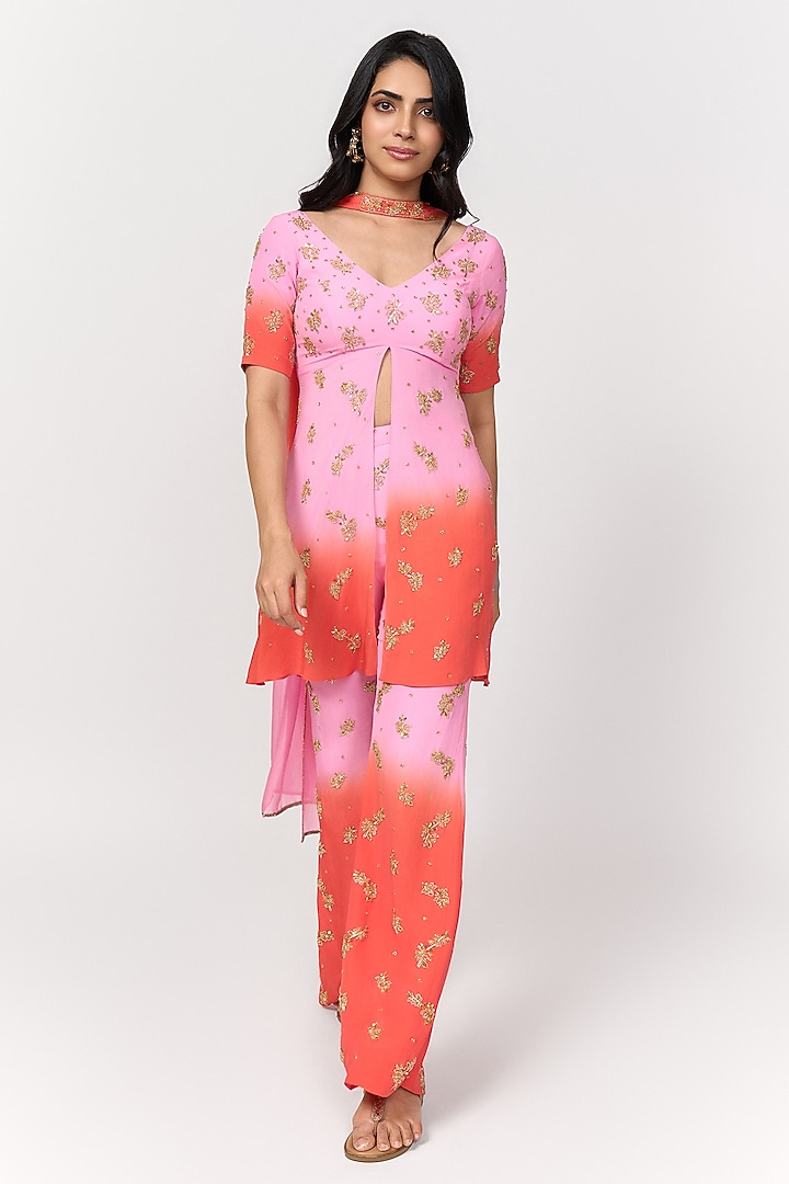 Candy Pink & Coral Ombre Crepe Hand Embroidered Party Wear Sharara Set by Shivani Nirupam at Pernia's Pop Up Shop