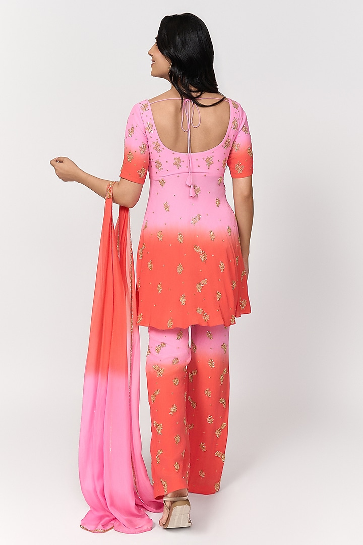 Candy Pink & Coral Ombre Crepe Hand Embroidered Party Wear Sharara Set by Shivani Nirupam at Pernia's Pop Up Shop