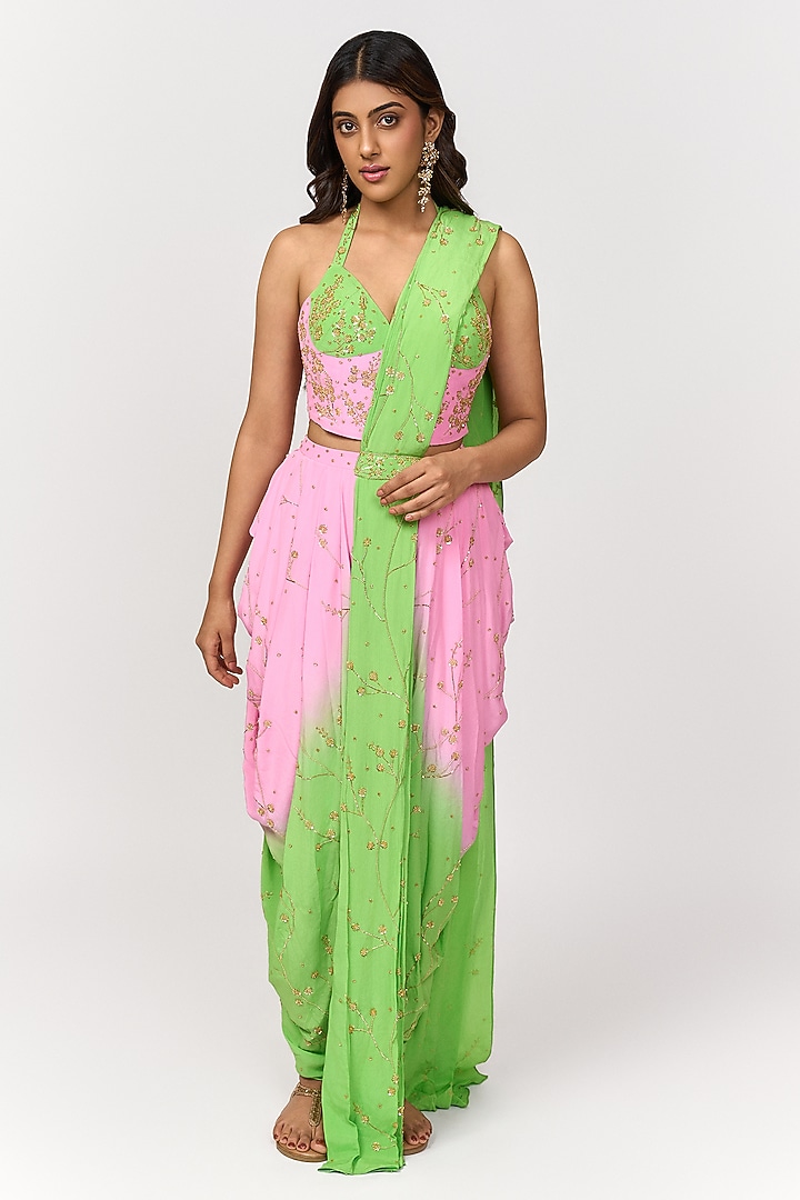 Lime Green & Candy Pink Ombre Hand Embroidered Pre-Draped Party Wear Saree Set by Shivani Nirupam at Pernia's Pop Up Shop