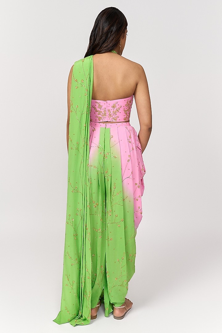 Lime Green & Candy Pink Ombre Hand Embroidered Pre-Draped Party Wear Saree Set by Shivani Nirupam at Pernia's Pop Up Shop