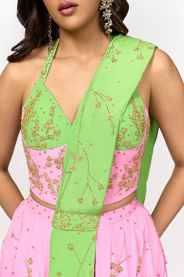 Lime Green & Candy Pink Ombre Hand Embroidered Pre-Draped Party Wear Saree Set by Shivani Nirupam at Pernia's Pop Up Shop