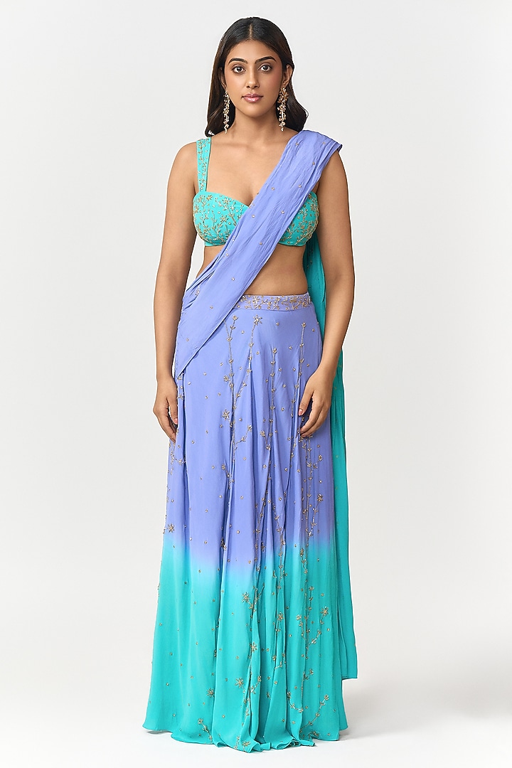 Turquoise Blue & Lavender Ombre Hand Embroidered Pre-Draped Party Wear Saree Set by Shivani Nirupam at Pernia's Pop Up Shop