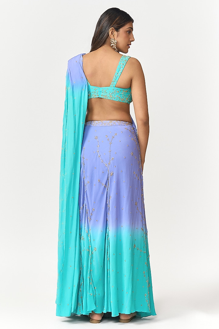 Turquoise Blue & Lavender Ombre Hand Embroidered Pre-Draped Party Wear Saree Set by Shivani Nirupam at Pernia's Pop Up Shop