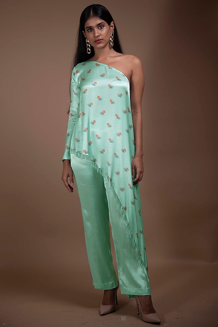 Turquoise Printed Pant Set by Shivani Nirupam