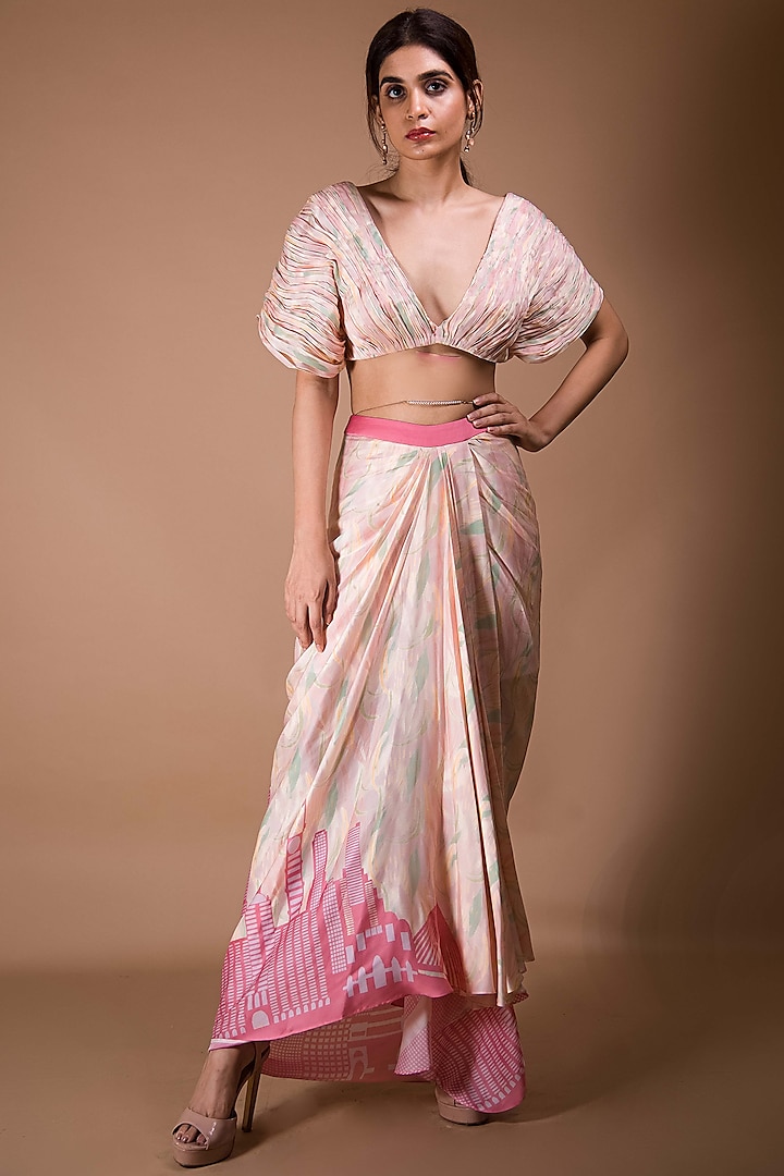 Peach Printed Draped Skirt Set by Shivani Nirupam
