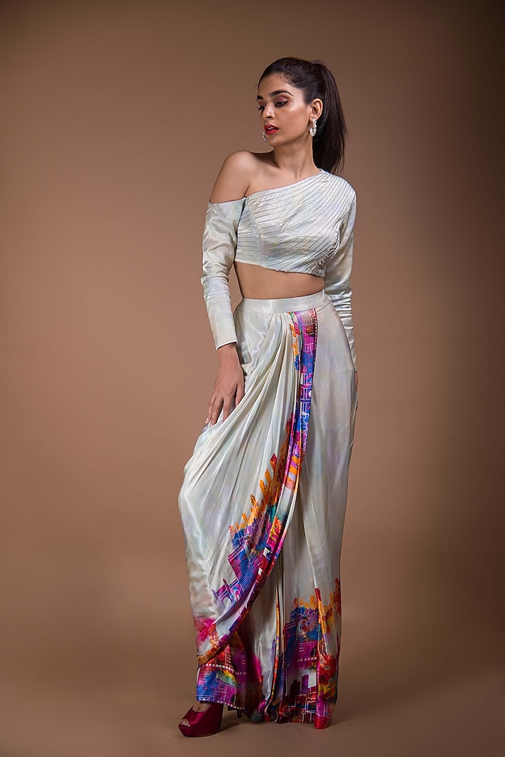 Ivory Printed Draped Skirt Set by Shivani Nirupam